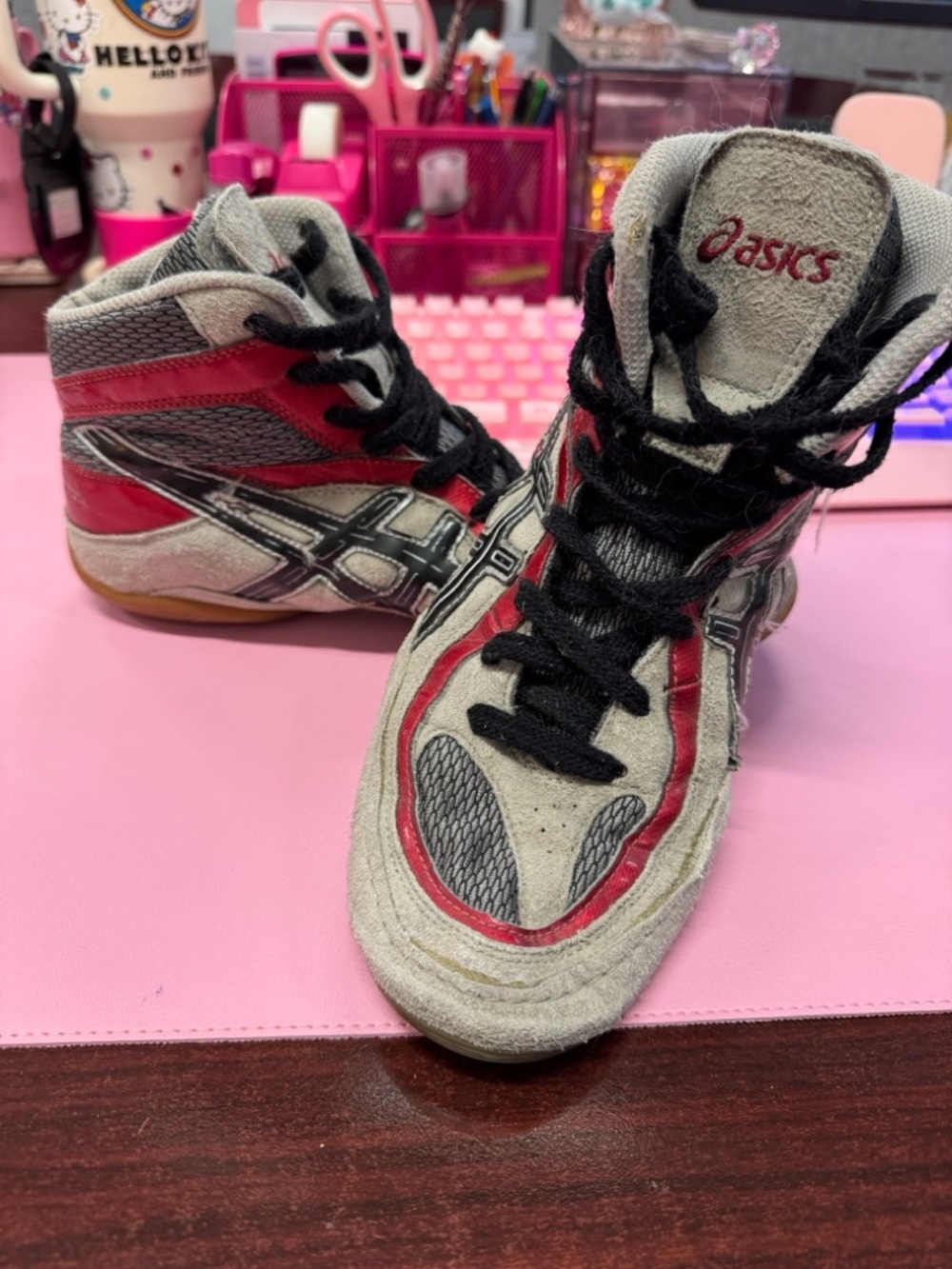Asics Red, Black and Gray High-Top Wrestling Shoes